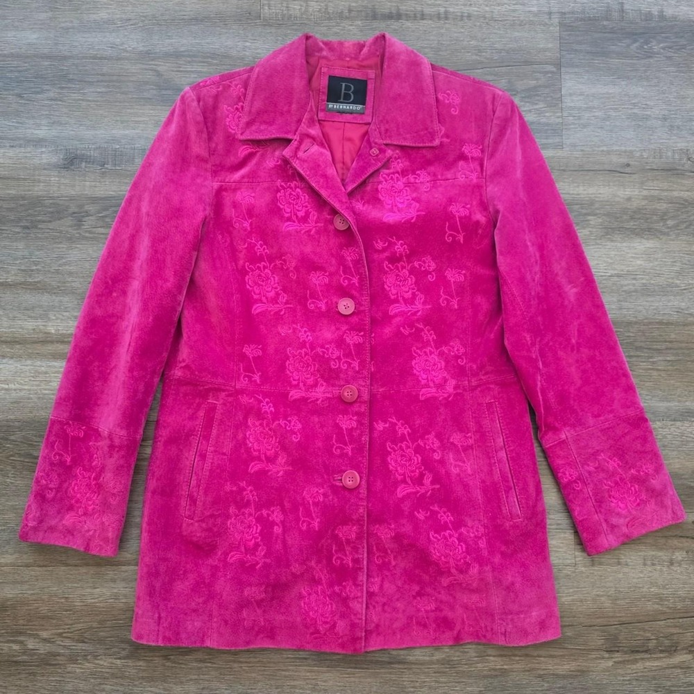 By Bernardo Vintage Floral Pink Suede Washable Jacket Fuchsia Embroidered Medium